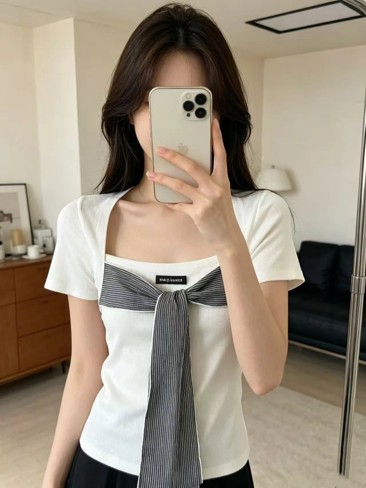 Miu Miu Knit Top with Striped Bow Detail Gray - 10
