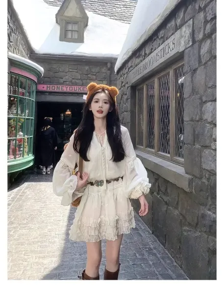 Design White Ruffled Smocked Dress with Bell Sleeves and Brown Leather Boots - 6