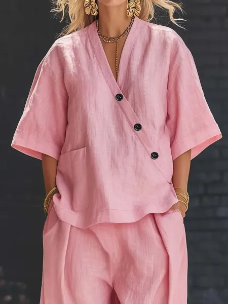 Design Lime Green Linen Wrap Top and Harem Pants Set Sets - 4
