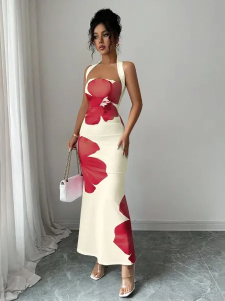 Design Floral Print Halter Neck Maxi Dress Beige Red - 11