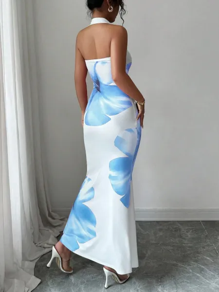 Design Floral Print Halter Neck Maxi Dress Beige Red - 13