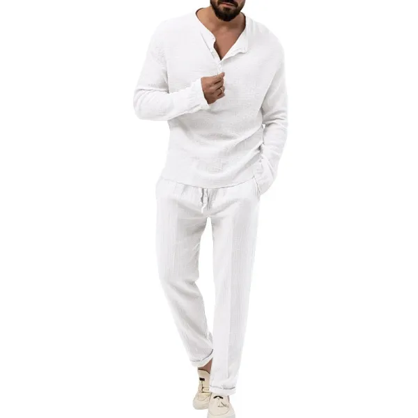 Design Linen-Blend Henley Set Beige Casual Set - 11