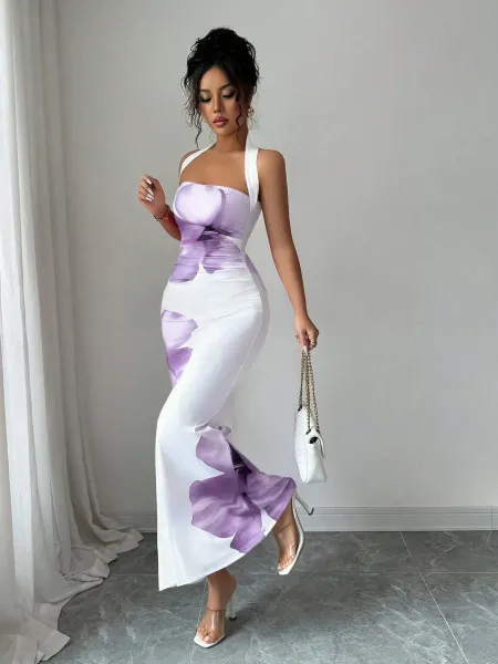 Design Floral Print Halter Neck Maxi Dress Beige Red - 25