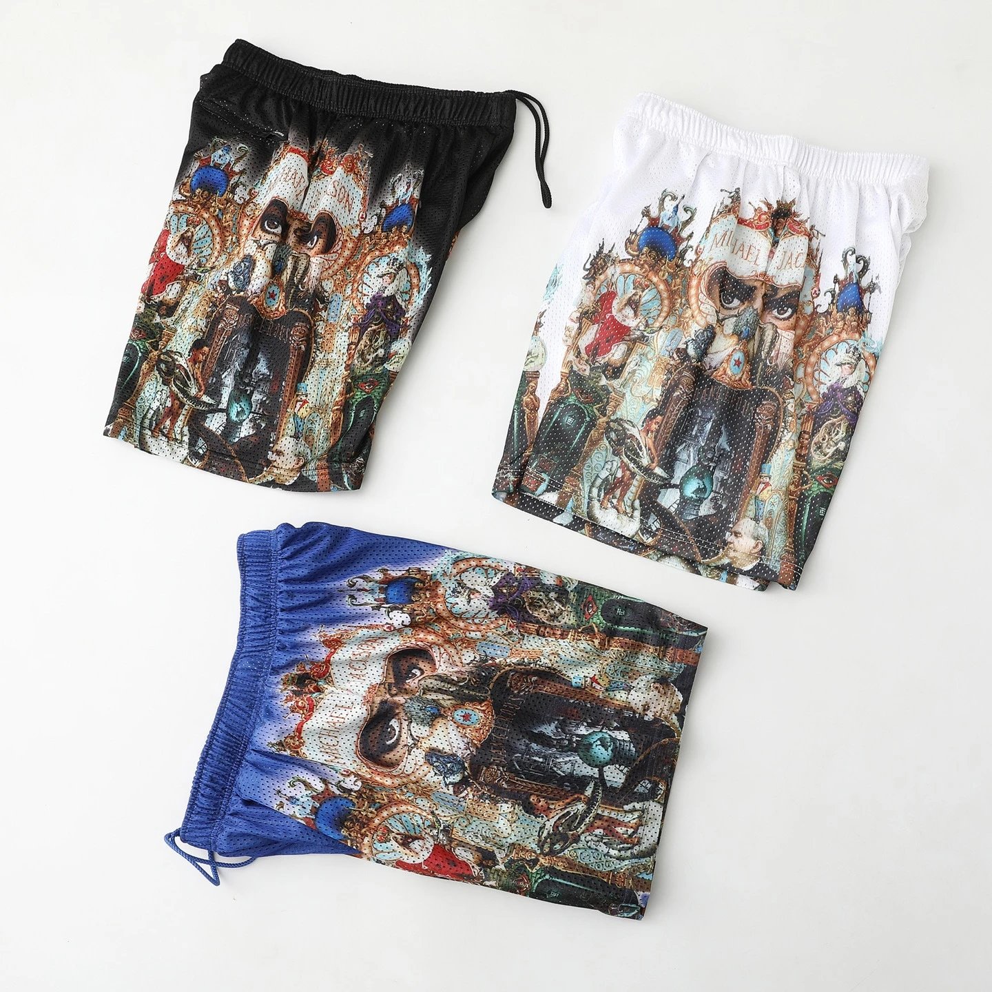 Art Print Mesh Shorts Blue White Black Graphic Streetwear