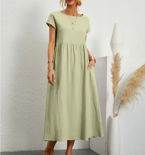 Design Linen Blend Midi Dress in Brown with Pink Trim - 7