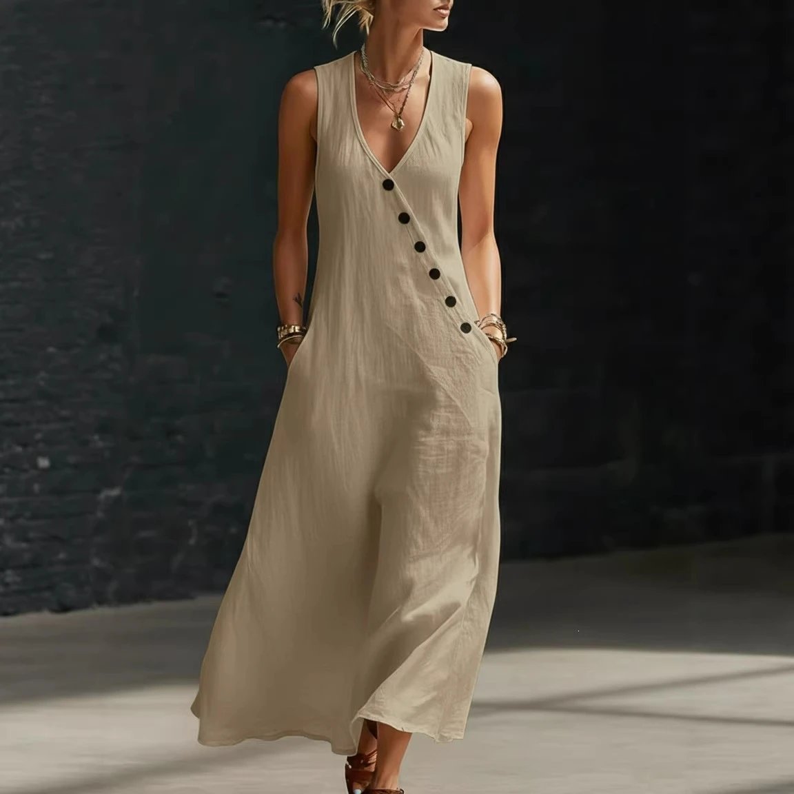 Design Sleeveless V-Neck Button-Front Linen Maxi Dress Lime Green - 7