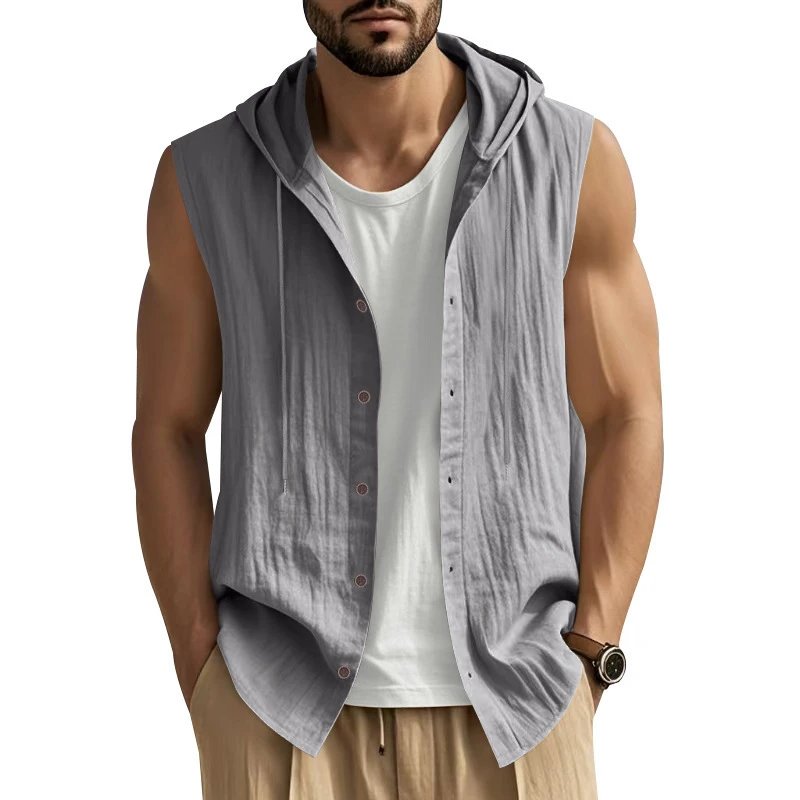 Linen Hooded Sleeveless Shirt Beige Casual Vest