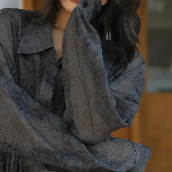 Design Sheer Floral-Print Oversized Shirt Black Tops Shirt - 10
