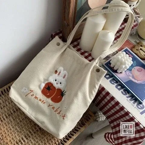 Design Tomato Rabbit Corduroy Tote Bag Beige - 1
