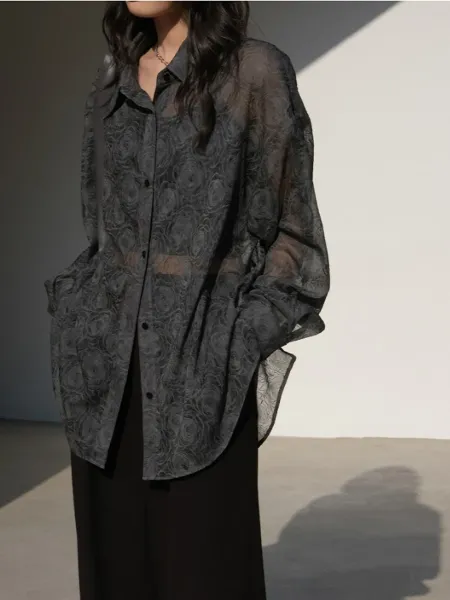 Design Sheer Floral-Print Oversized Shirt Black Tops Shirt - 15