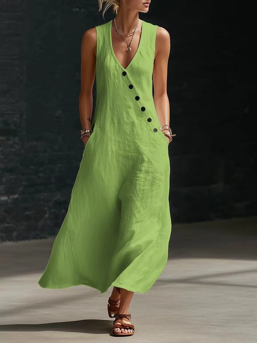 Design Sleeveless V-Neck Button-Front Linen Maxi Dress Lime Green - 16