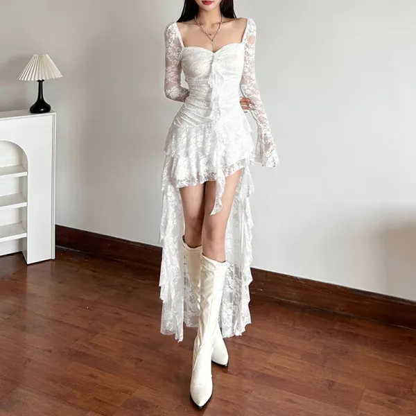 Design Lace Ruched Asymmetrical Maxi Dress White - 14