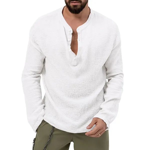 Design Linen-Blend Henley Set Beige Casual Set - 12
