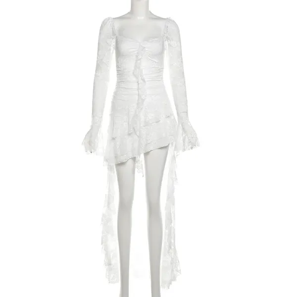 Design Lace Ruched Asymmetrical Maxi Dress White - 15
