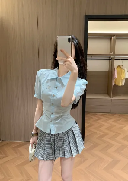 Design Pink Ruched Collar Shirt with Pleated Gray Plaid Skirt Clothing - 13