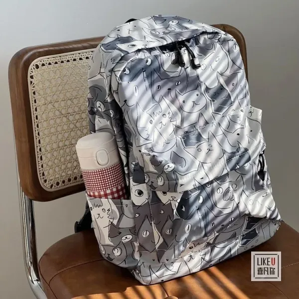 Design Cat Print Gray Multicolor Casual Backpack - 12