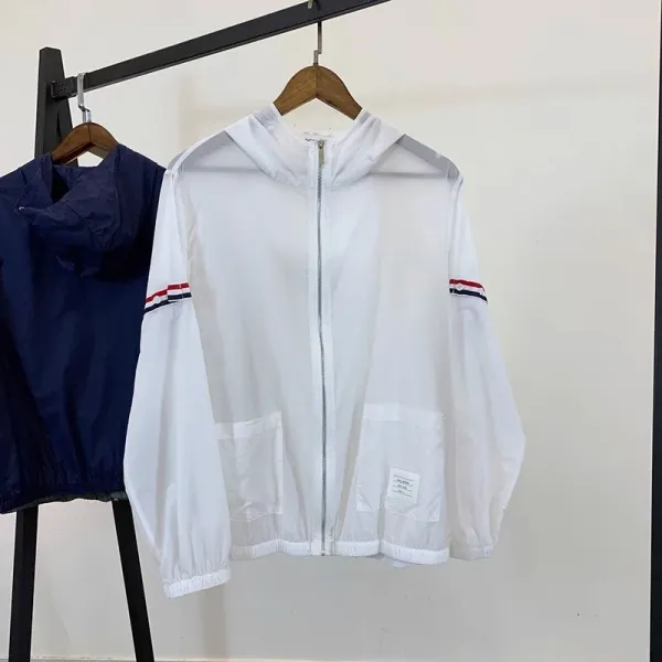 Thom Browne Windbreaker Navy Blue with Red-White-Blue Stripe Sleeve Detail Outerwear - 9