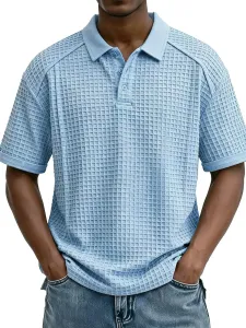 Design Waffle Knit Polo Shirt Light Blue Tops Polo