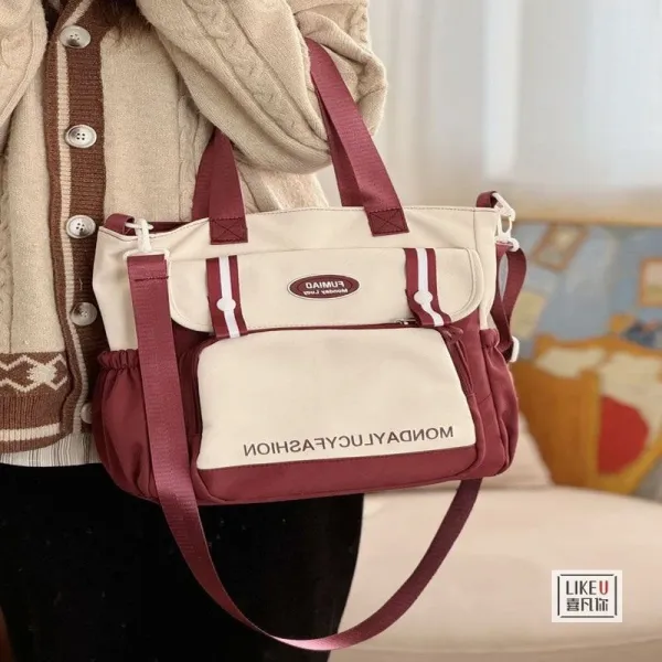 Design FUMIAO Monday Lucy Fashion Tote Bag Burgundy and Cream Tote Bag - 1