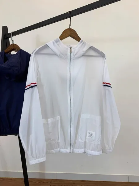 Thom Browne Windbreaker Navy Blue with Red-White-Blue Stripe Sleeve Detail Outerwear - 12
