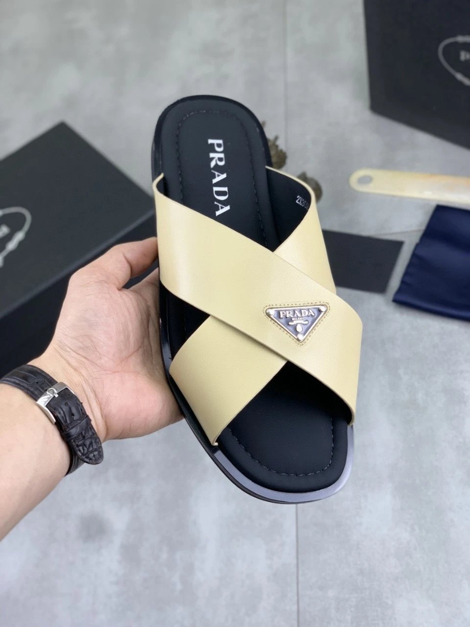 Prada Logo-Embellished Cross-Strap Slide Sandals Black Slippers - 2
