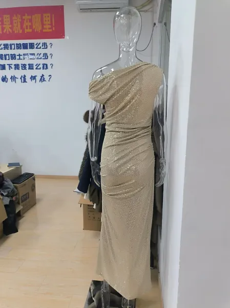 Design Off-Shoulder Sequin Ruched Midi Dress Beige - 6