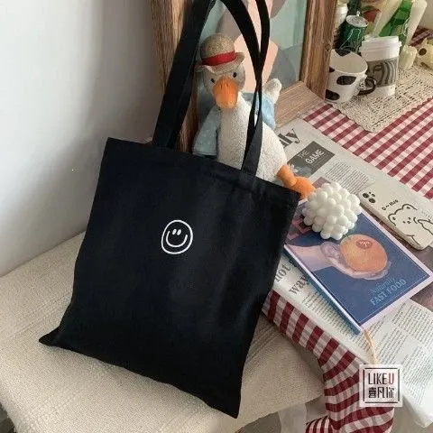 Design Smiley Face Canvas Tote Bag Black - 1