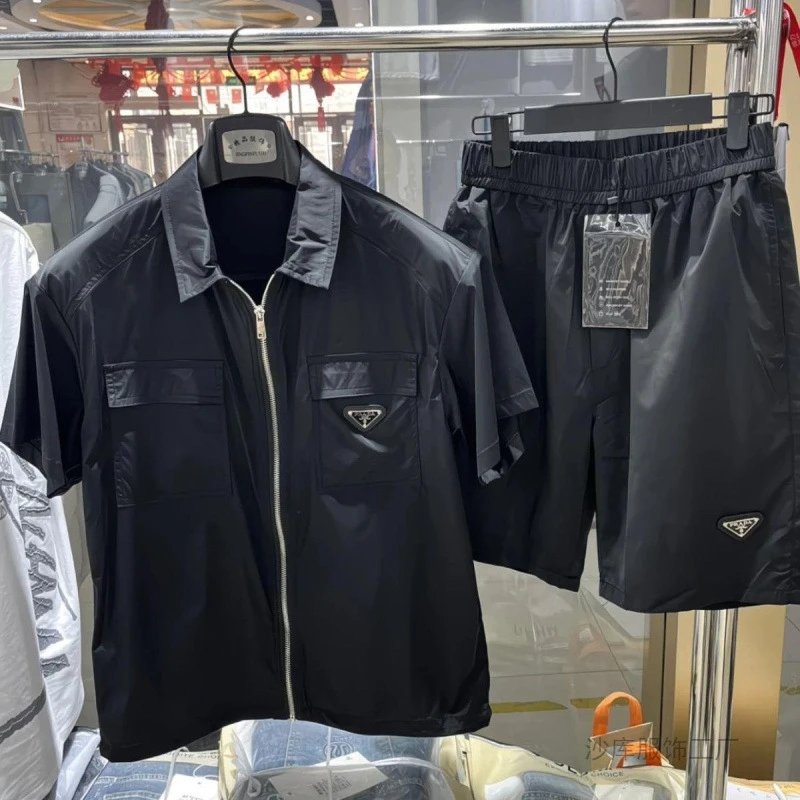 Prada Short Sleeve Zip-Up Jacket Black Sporty Set