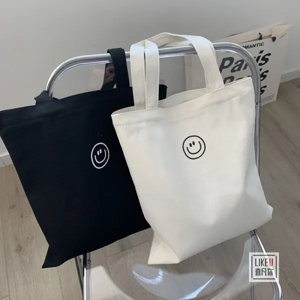 Design Smiley Face Canvas Tote Bag Black - 5