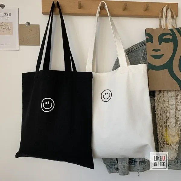 Design Smiley Face Canvas Tote Bag Black - 10