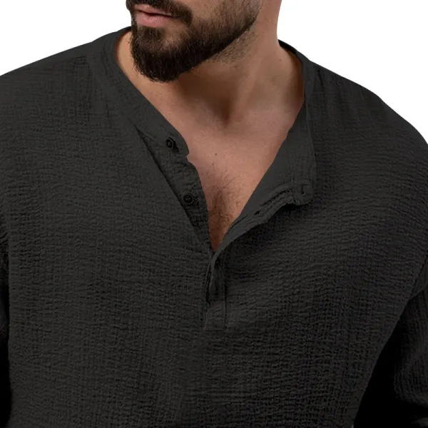 Design Linen-Blend Henley Set Beige Casual Set - 18