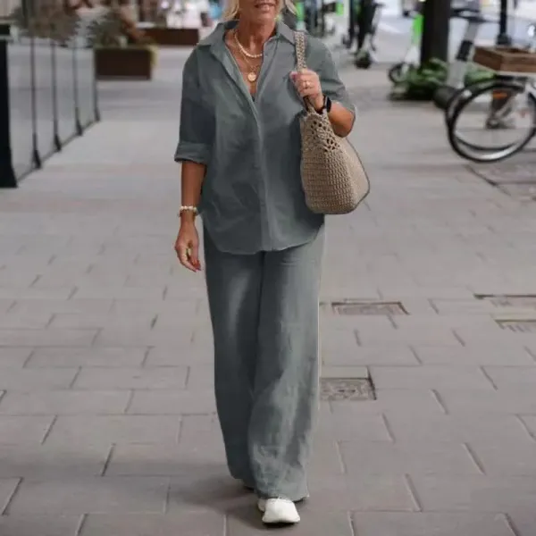 Design Linen Shirt and Pants Set Light Blue Casual Set - 8