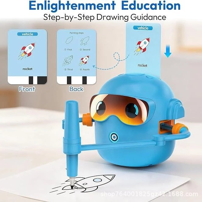 Blue Robot-Shaped Drawing Toy with Colorful Markers and Animal Flashcards Educational Toy