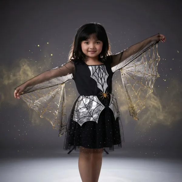 Design Batwing Spiderweb Costume Dress Black Silver Gold Kids Dress - 11