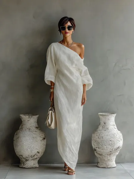 Design One-Shoulder Linen-Blend Maxi Dress Blue - 11