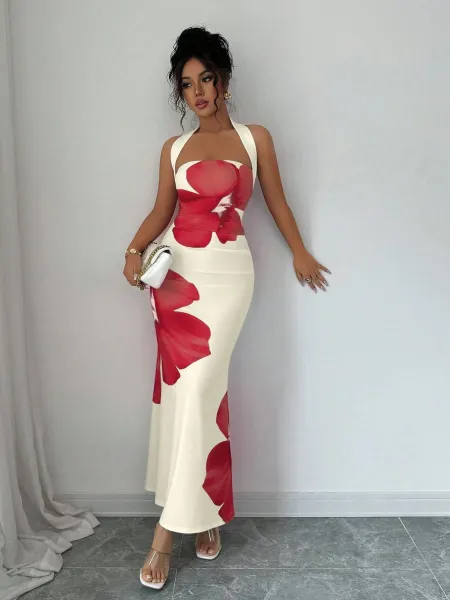 Design Floral Print Halter Neck Maxi Dress Beige Red - 9