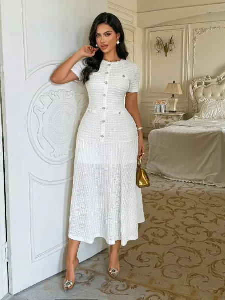 Design White Tweed-Style Button-Front Midi Dress with Gold Hardware Dress - 10