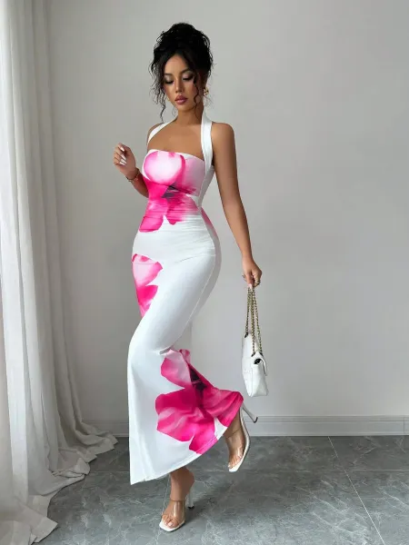 Design Floral Print Halter Neck Maxi Dress Beige Red - 21