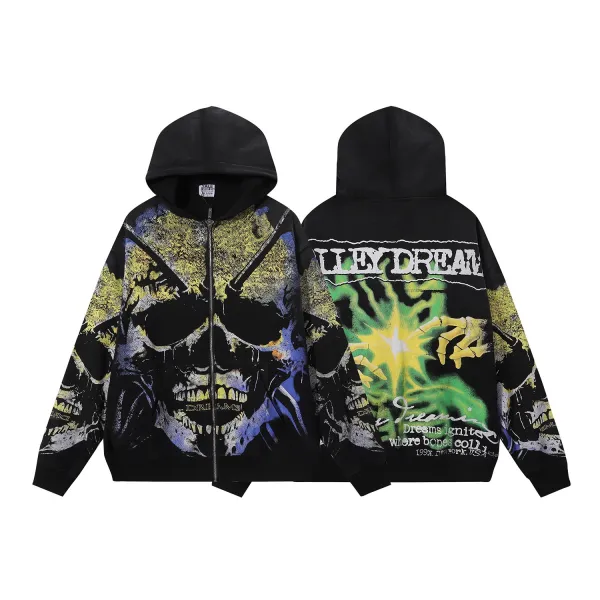 Design Valley Dream Skull Print Zip-Up Hoodie Black Multicolor Hoodie - 1