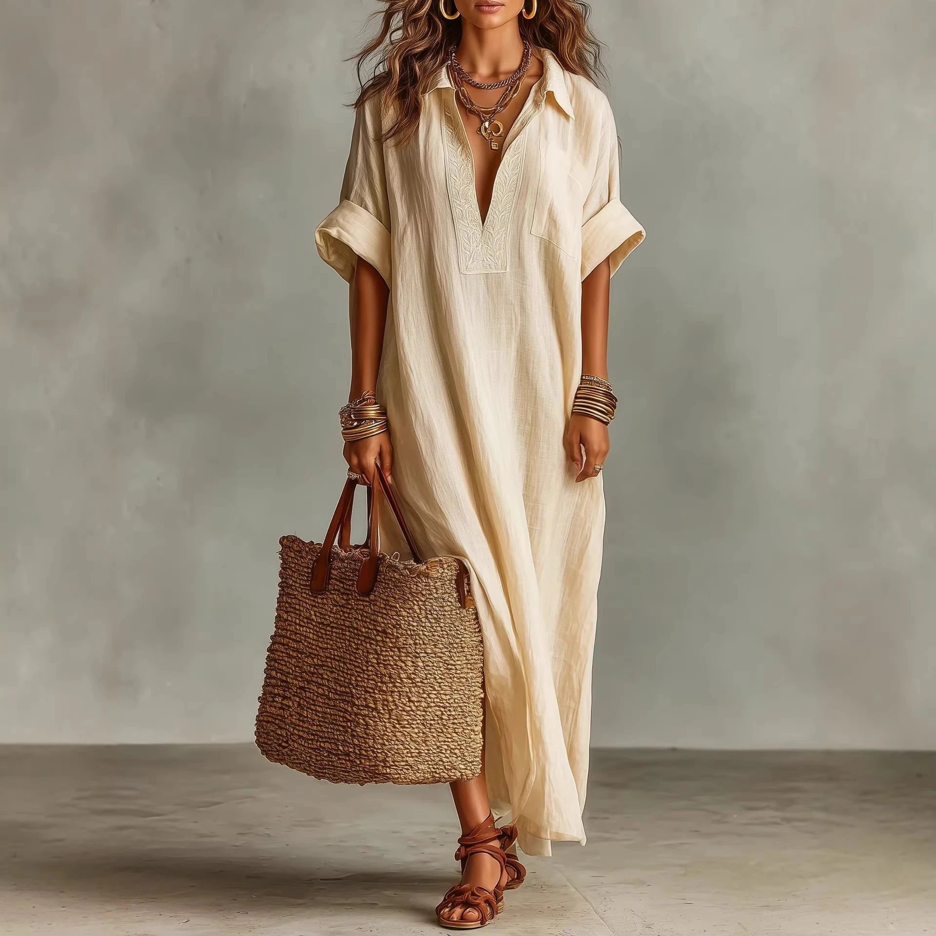 Linen Kaftan Dress Cream Embroidered Bohemian Maxi