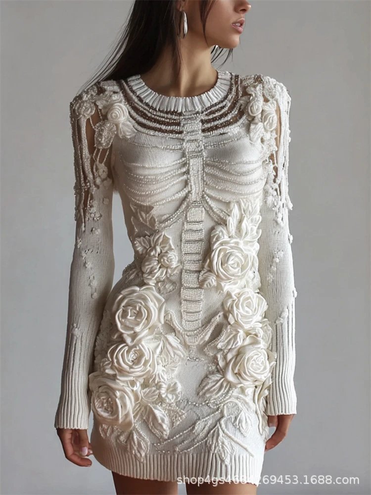 Knit Mini Dress with 3D Rose Embellishment and Skeletal Rib