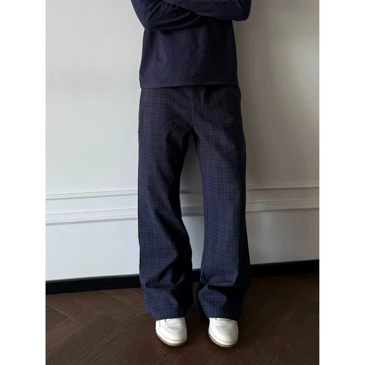Design Wide-Leg Plaid Pants Navy - 6