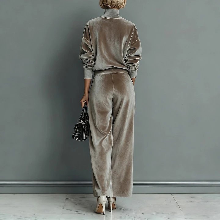 Velvet Turtleneck Sweater and Wide Leg Pants Set Taupe Elegant