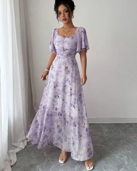 Design Floral Print Puff Sleeve Square Neck Maxi Dress - 11