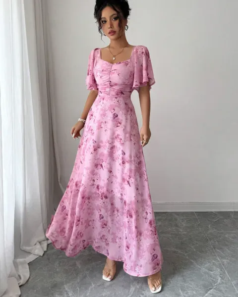 Design Floral Print Puff Sleeve Square Neck Maxi Dress - 21