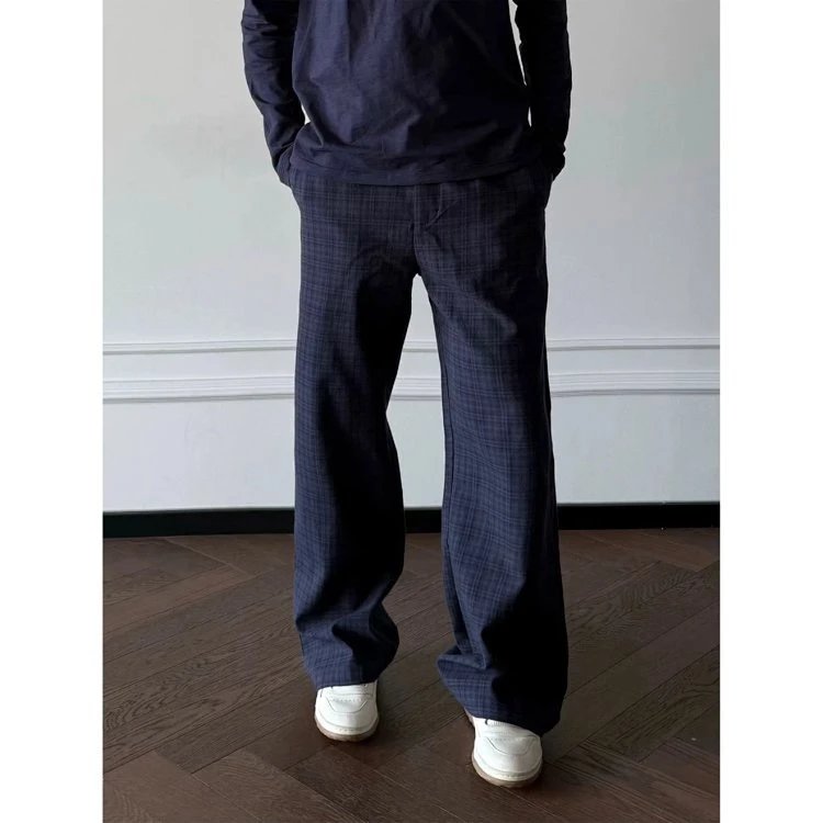 Design Wide-Leg Plaid Pants Navy - 7