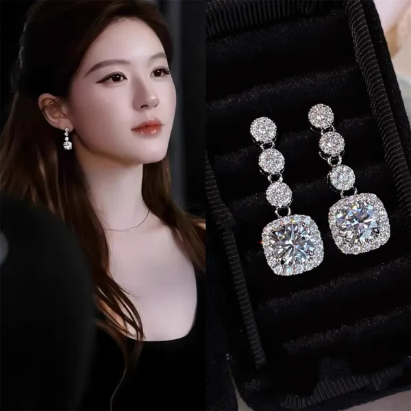 Design Cushion Cut Drop Earrings with Pave Crystals Silver Jewelry - 2