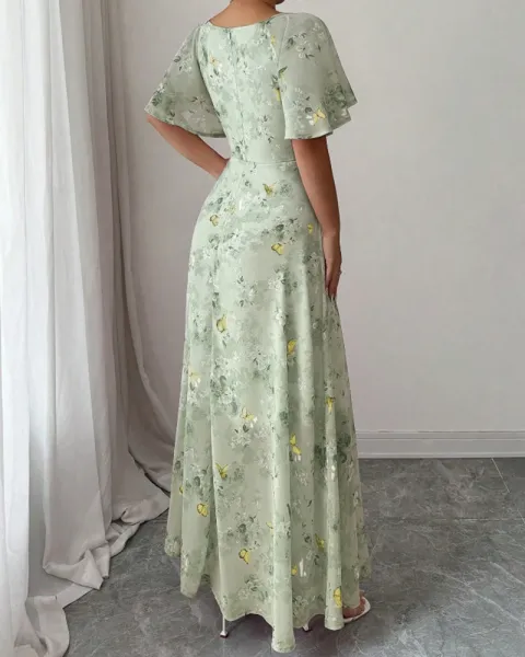 Design Floral Print Puff Sleeve Square Neck Maxi Dress - 40