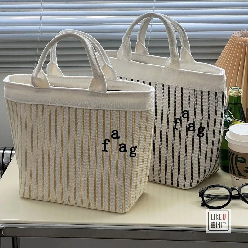 Striped Canvas Tote Bag Cream Beige Lettering Casual
