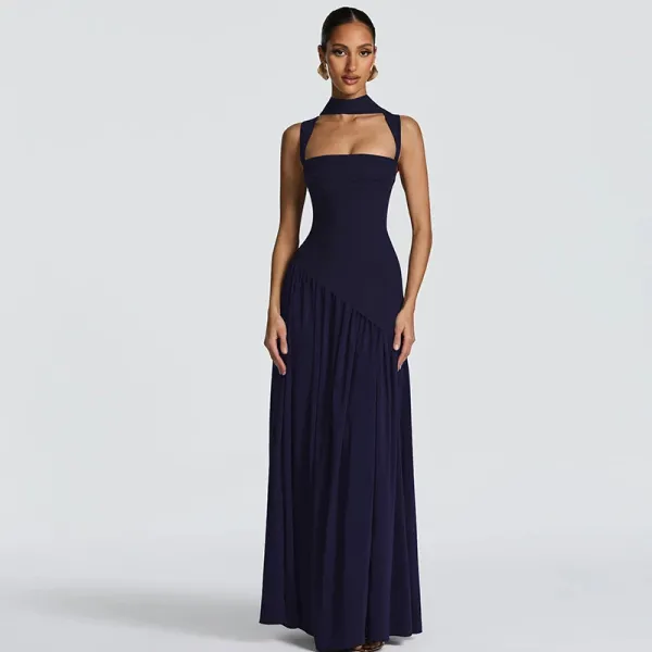 Design High-Neck Slit Gown Navy Formal Dress - 14